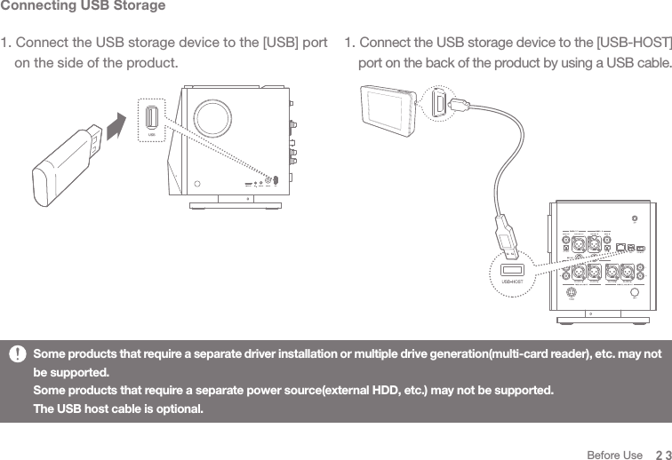 Connecting USB Storage1. Connect the USB storage device to the [USB] port   on the side of the product. 1. Connect the USB storage device to the [USB-HOST]  port on the back of the product by using a USB cable.Some products that require a separate driver installation or multiple drive generation(multi-card reader), etc. may not be supported. Some products that require a separate power source(external HDD, etc.) may not be supported. The USB host cable is optional. 23Before Use