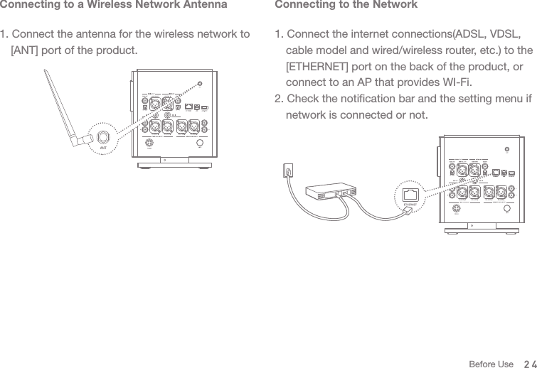 Connecting to a Wireless Network Antenna1. Connect the antenna for the wireless network to   [ANT] port of the product. Connecting to the Network1. Connect the internet connections(ADSL, VDSL,   cable model and wired/wireless router, etc.) to the   [ETHERNET] port on the back of the product, or   connect to an AP that provides WI-Fi.2. Check the notification bar and the setting menu if   network is connected or not.24Before Use