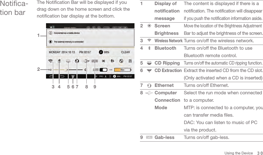 30Notifica-tion barThe Notification Bar will be displayed if you drag down on the home screen and click the notification bar display at the bottom.The content is displayed if there is a notification. The notification will disappear if you push the notification information aside. Move the location of the Brightness Adjustment Bar to adjust the brightness of the screen.Turns on/off the wireless network.Turns on/off the Bluetooth to use Bluetooth remote control.Turns on/off the automatic CD ripping function. Extract the inserted CD from the CD slot. (Only activated when a CD is inserted)Turns on/off Ethernet. Select the run mode when connected to a computer.MTP: is connected to a computer, you can transfer media files. DAC: You can listen to music of PC via the product. Turns on/off gab-less.Display of notification messageScreen BrightnessWireless NetworkBluetoothCD RippingCD ExtractionEthernetComputer Connection ModeGab-less123456789213 4 5 7 8 96Using the Device