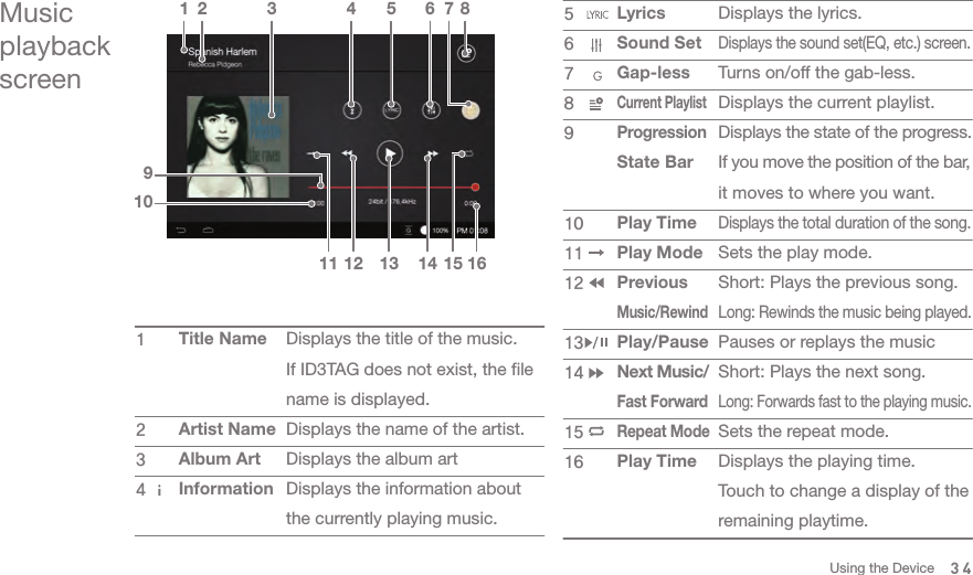 Music playback screen1 2 84 5 6 73910Displays the lyrics.Displays the sound set(EQ, etc.) screen.Turns on/off the gab-less.Displays the current playlist. Displays the state of the progress. If you move the position of the bar, it moves to where you want. Displays the total duration of the song. Sets the play mode.Short: Plays the previous song.Long: Rewinds the music being played.Pauses or replays the musicShort: Plays the next song.Long: Forwards fast to the playing music.Sets the repeat mode.Displays the playing time. Touch to change a display of the remaining playtime.LyricsSound SetGap-lessCurrent PlaylistProgression State BarPlay TimePlay ModePrevious Music/RewindPlay/PauseNext Music/Fast ForwardRepeat ModePlay Time5678910111213141516Displays the title of the music.If ID3TAG does not exist, the file name is displayed.Displays the name of the artist.Displays the album artDisplays the information about the currently playing music.Title NameArtist NameAlbum ArtInformation123411 12 13 14 161534Using the Device