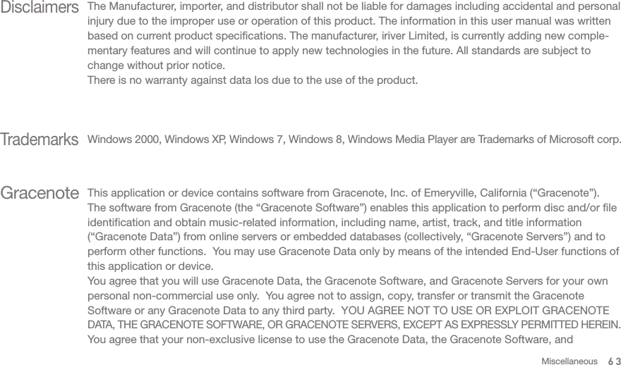 63MiscellaneousDisclaimersThe Manufacturer, importer, and distributor shall not be liable for damages including accidental and personal injury due to the improper use or operation of this product. The information in this user manual was written based on current product specifications. The manufacturer, iriver Limited, is currently adding new comple-mentary features and will continue to apply new technologies in the future. All standards are subject to change without prior notice. There is no warranty against data los due to the use of the product. TrademarksWindows 2000, Windows XP, Windows 7, Windows 8, Windows Media Player are Trademarks of Microsoft corp.Gracenote This application or device contains software from Gracenote, Inc. of Emeryville, California (“Gracenote”).  The software from Gracenote (the “Gracenote Software”) enables this application to perform disc and/or file identification and obtain music-related information, including name, artist, track, and title information (“Gracenote Data”) from online servers or embedded databases (collectively, “Gracenote Servers”) and to perform other functions.  You may use Gracenote Data only by means of the intended End-User functions of this application or device.You agree that you will use Gracenote Data, the Gracenote Software, and Gracenote Servers for your own personal non-commercial use only.  You agree not to assign, copy, transfer or transmit the Gracenote Software or any Gracenote Data to any third party.  YOU AGREE NOT TO USE OR EXPLOIT GRACENOTE DATA, THE GRACENOTE SOFTWARE, OR GRACENOTE SERVERS, EXCEPT AS EXPRESSLY PERMITTED HEREIN.You agree that your non-exclusive license to use the Gracenote Data, the Gracenote Software, and 