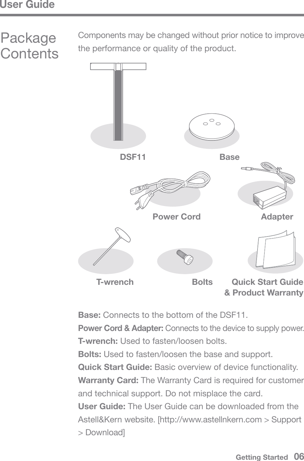 User GuideBase: Connects to the bottom of the DSF11.Power Cord &amp; Adapter: Connects to the device to supply power.T-wrench: Used to fasten/loosen bolts.Bolts: Used to fasten/loosen the base and support.Quick Start Guide: Basic overview of device functionality.Warranty Card: The Warranty Card is required for customer and technical support. Do not misplace the card.User Guide: The User Guide can be downloaded from the Astell&amp;Kern website. [http://www.astellnkern.com &gt; Support &gt; Download]Components may be changed without prior notice to improve the performance or quality of the product.Package ContentsDSF11 BasePower CordT-wrench Quick Start Guide &amp; Product WarrantyBoltsAdapterGetting Started   06