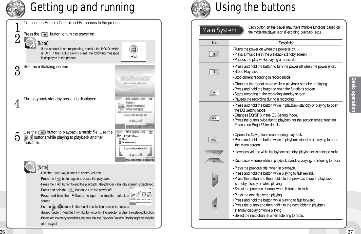 37Main SystemUsing the buttons36If the product is not responding, check if the HOLD switchis OFF. If the HOLD switch is set, the following messageis displayed in the product.Connect the Remote Control and Earphones to the product.Press the           button to turn the power on.See the initializing screen.[Note]Getting up and runningThe playback standby screen is displayed.Use the          button to playback a music file. Use thebuttons while playing to playback anothermusic file.Use the                   buttons to control volume.Press the          button again to pause the playback.Press the           button to end the playback. The playback standby screen is displayed.Press and hold the           button to turn the power off.Press and hold the      button to open the function selectionscreen.Use the          buttons in the function selection screen to select adesired function. Press the            button to confirm the selection and run the selected function.If there are too many saved files, the time that the Playback Standby Display appears may bea bit delayed.[Note]Item DescriptionTurns the power on when the power is off.Plays a music file in the playback standby screen.Pauses the play while playing a music file.Press and hold the button to turn the power off when the power is on.Stops Playback.Stop current recording in record mode.Changes the repeat mode while in playback standby or playing.Press and hold the button to open the functions screen.Starts recording in the recording standby screen.Pauses the recording during a recording.Press and hold the button while in playback standby or playing to open the EQ Setting mode.Changes EQ/SRS in the EQ Setting mode.Press the button twice during playback for the section repeat function. Please see Page 57 for details. Opens the Navigation screen during playback.Press and hold the button while in playback standby or playing to open the Menu screen.Increases volume while in playback standby, playing, or listening to radio.Decreases volume while in playback standby, playing, or listening to radio.Plays the previous title, when in playback.Press and hold the button while playing to fast rewind.Press the button and then hold it to the previous folder in playback standby display or while playing.Select the previous channel when listening to radio.Plays the next title when playing.Press and hold the button while playing to fast forward.Press the button and then hold it to the next folder in playback standby display or while playing.Select the next channel when listening to radio.Each button on the player may have multiple functions based onthe mode the player is on (Recording, playback, etc.)