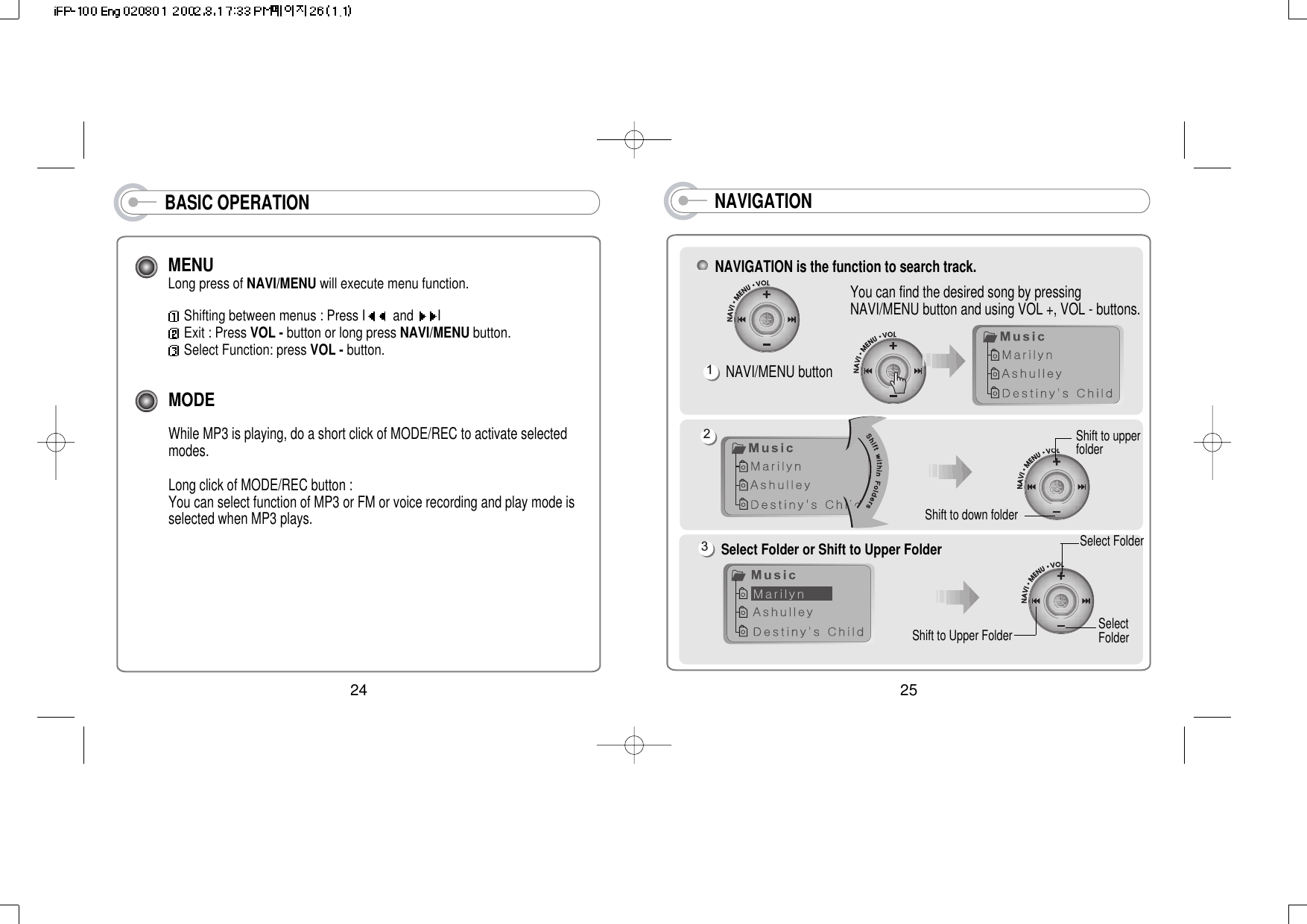 NAVIGATIONNAVIGATION is the function to search track.You can find the desired song by pressingNAVI/MENU button and using VOL +, VOL - buttons.NAVI/MENU buttonShift to upperfolderShift to down folder12Select Folder or Shift to Upper Folder3Shift to Upper FolderSelect FolderSelectFolder25BASIC OPERATIONMENULong press of NAVI/MENU will execute menu function.Shifting between menus : Press I and  IExit : Press VOL - button or long press NAVI/MENU button.Select Function: press VOL - button.MODEWhile MP3 is playing, do a short click of MODE/REC to activate selectedmodes.Long click of MODE/REC button :You can select function of MP3 or FM or voice recording and play mode isselected when MP3 plays.24