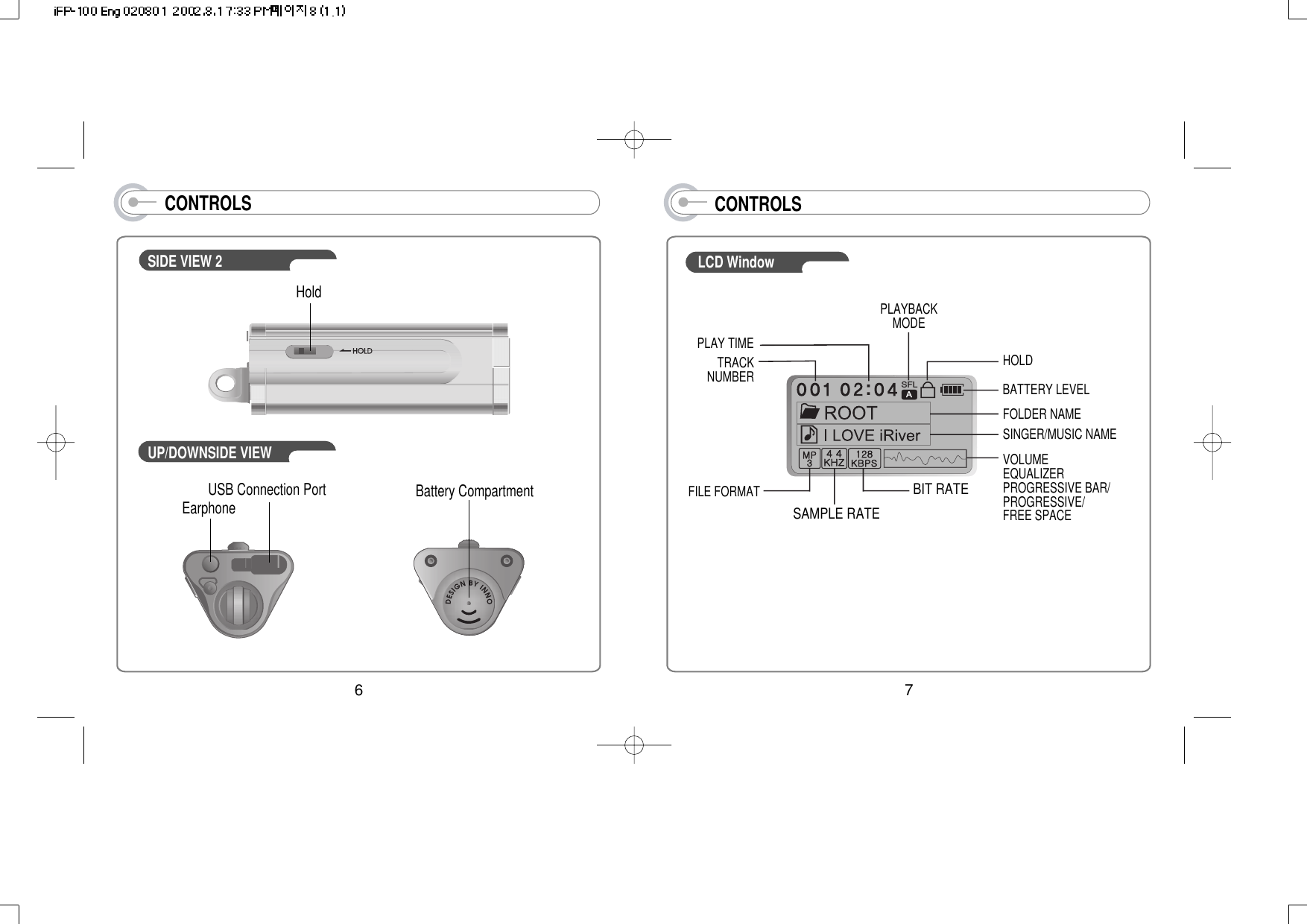 76CONTROLSSIDE VIEW 2UP/DOWNSIDE VIEWBattery CompartmentEarphoneHoldUSB Connection PortCONTROLSLCD WindowSFLTRACKNUMBERBIT RATEPLAY TIMEPLAYBACKMODEBATTERY LEVELVOLUMEEQUALIZERPROGRESSIVE BAR/PROGRESSIVE/FREE SPACEFOLDER NAMESAMPLE RATEFILE FORMATSINGER/MUSIC NAMEHOLD