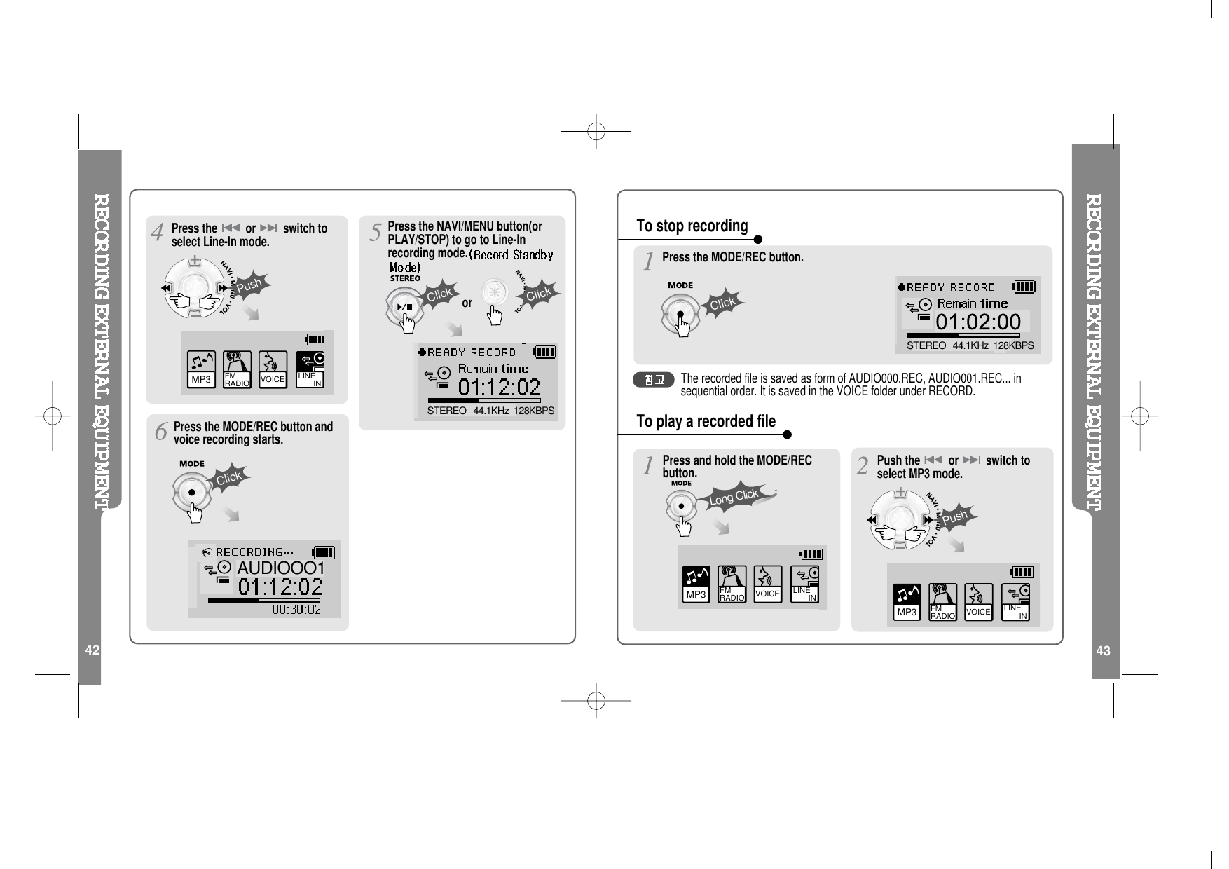 43STEREO   44.1KHz  128KBPSPress the NAVI/MENU button(orPLAY/STOP) to go to Line-Inrecording mode.Press the MODE/REC button andvoice recording starts.AUDIOOO1ClickClickClickor42VOICE LINE       INMP3 FM RADIOPress the or switch toselect Line-In mode.PushTo play a recorded fileMP3 FM RADIO VOICE LINE       INPress and hold the MODE/RECbutton.Long ClickMP3 FM RADIO VOICE LINE       INPush the or switch toselect MP3 mode.PushSTEREO   44.1KHz  128KBPSClickPress the MODE/REC button.To stop recordingThe recorded file is saved as form of AUDIO000.REC, AUDIO001.REC... insequential order. It is saved in the VOICE folder under RECORD.