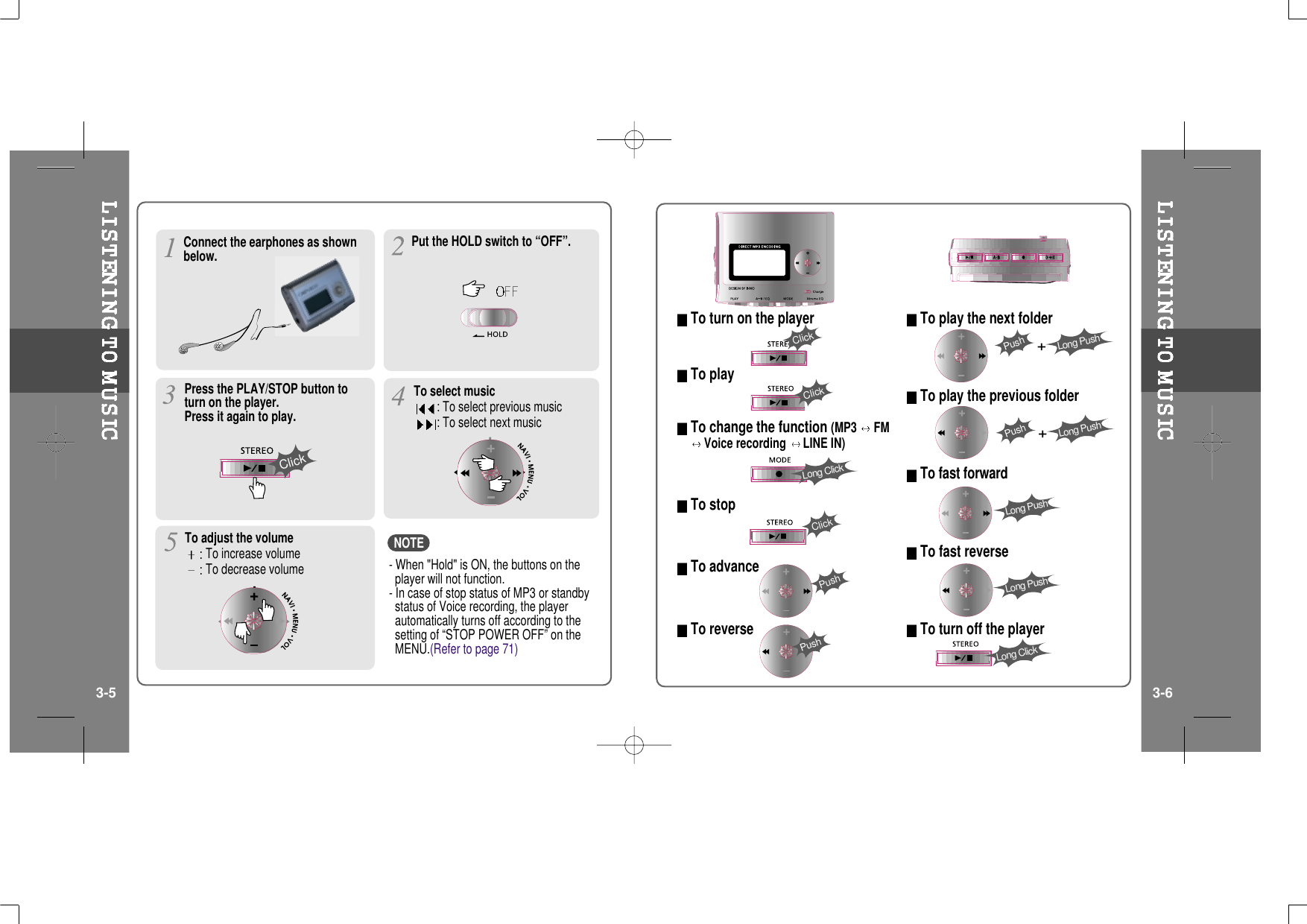 To turn on the playerTo playTo change the function (MP3 FMVoice recording LINE IN)To stopTo advanceTo reverseTo play the next folderTo play the previous folderTo fast forwardTo fast reverseTo turn off the playerLong PushLong PushClickLong ClickClickPushLong PushLong PushLong ClickPushClickPushPushPut the HOLD switch to “OFF”.Press the PLAY/STOP button toturn on the player.Press it again to play.To select music: To select previous music: To select next musicClickTo adjust the volumeTo increase volumeTo decrease volumeConnect the earphones as shownbelow.3-5 3-6- When &quot;Hold&quot; is ON, the buttons on theplayer will not function.- In case of stop status of MP3 or standbystatus of Voice recording, the playerautomatically turns off according to thesetting of “STOP POWER OFF” on theMENU.(Refer to page 71)NOTE