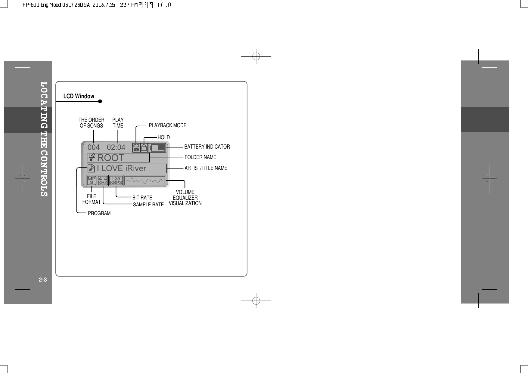 LCD Window2-3THE ORDEROF SONGSBIT RATEPLAYTIME PLAYBACK MODEBATTERY INDICATORVOLUMEEQUALIZERVISUALIZATIONFOLDER NAMESAMPLE RATEPROGRAMFILEFORMATARTIST/TITLE NAMEHOLD