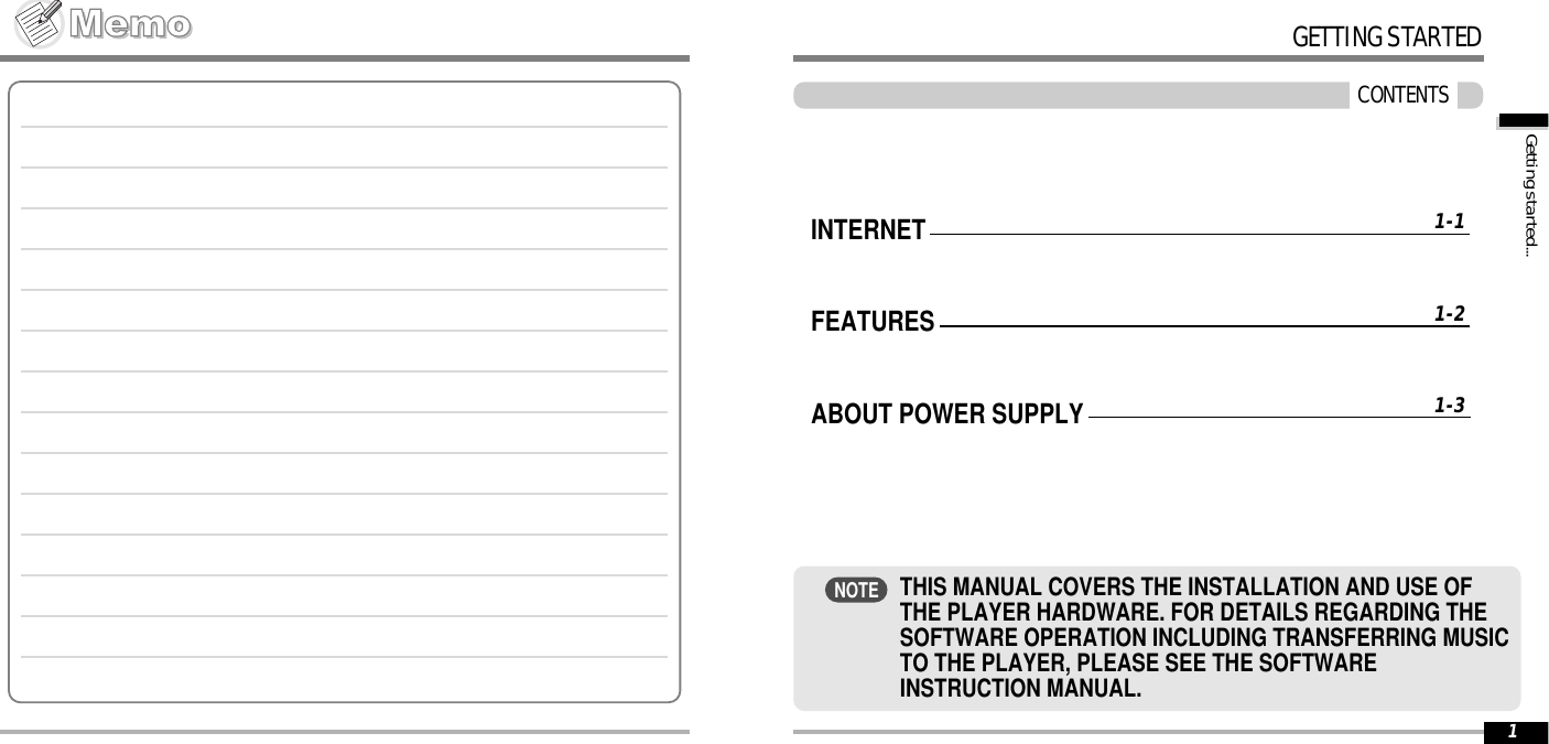 GETTINGSTARTEDCONTENTS1INTERNETFEATURESABOUT POWER SUPPLY1-11-21-3Gettingstarted...THIS MANUAL COVERS THE INSTALLATION AND USE OFTHE PLAYER HARDWARE. FOR DETAILS REGARDING THESOFTWARE OPERATION INCLUDING TRANSFERRING MUSICTO THE PLAYER, PLEASE SEE THE SOFTWAREINSTRUCTION MANUAL.NOTE