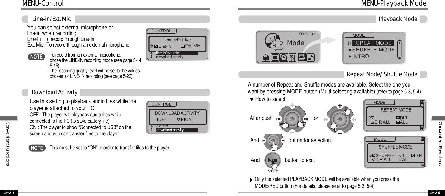 5-23MENU-ControlLine-in/Ext.MicYou can select external microphone orline-in when recording.Line-In : To record through Line-InExt. Mic : To record through an external microphoneUse this setting to playback audio files while theplayer is attached to your PC.OFF : The player will playback audio files whileconnected to the PC (to save battery life).ON : The player to show “Connected to USB” on thescreen and you can transfer files to the player.DownloadActivityLine-in/Ext. MicLine-inline-in/ext. micdownload activityExt. MicDOWNLOAD ACTIVITYext micdownload activity- To record from an external microphone,chose the LINE-IN recording mode (see page 5-14,5-15).- The recording quality level will be set to the valueschosen for LINE-IN recording (see page 5-22).NOTEThis must be set to “ON” in order to transfer files to the player.NOTEMENU-PlaybackModePlaybackModeRepeatMode/ShuffleModeA number of Repeat and Shuffle modes are available. Select the one youwant by pressing MODE button (Multi selecting available)(refer to page 5-3, 5-4)After pushHow to selectAnd button for selection.Only the selected PLAYBACK MODE will be available when you press theMODE/REC button (For details, please refer to page 5-3, 5-4)And buttontoexit.or5-24ConvenientFunctionsConvenientFunctions