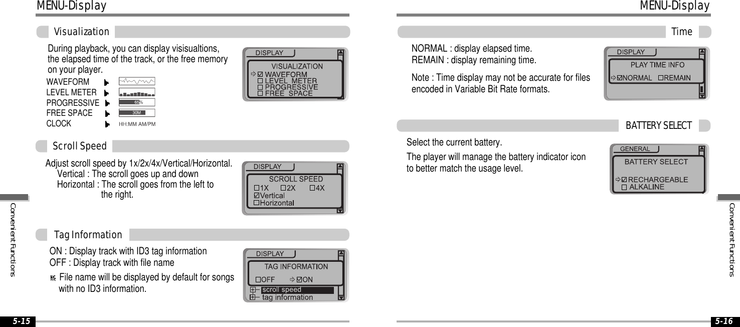 MENU-DisplayScrollSpeed5-165-15During playback, you can display visisualtions,theelapsedtimeofthetrack,orthefreememoryon your player.ON : Display track with ID3 tag informationOFF : Display track with file nameFile name will be displayed by default for songswith no ID3 information.Adjust scroll speed by 1x/2x/4x/Vertical/Horizontal.Vertical : The scroll goes up and downHorizontal : The scroll goes from the left tothe right.VisualizationTagInformationBATTERYSELECTWAVEFORMLEVEL METERPROGRESSIVEFREE SPACECLOCKMENU-DisplayNORMAL : display elapsed time.REMAIN : display remaining time.Note : Time display may not be accurate for filesencoded in Variable Bit Rate formats.TimeSelect the current battery.The player will manage the battery indicator iconto better match the usage level.ConvenientFunctionsConvenientFunctions