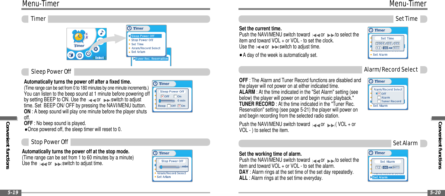 Convenient functionsMenu-TimerSetTime5-20Menu-TimerConvenient functionsTimer5-19Automatically turns the power off at the stop mode.(Time range can be set from 1 to 60 minutes by a minute)Use the or switch to adjust time.Automatically turns the power off after a fixed time.(Time range can be set from 0 to 180 minutes by one minute increments.)You can listen to the beep sound at 1 minute before powering offby setting BEEP to ON. Use the or switch to adjusttime. Set BEEP ON/ OFF by pressing the NAVI/MENU button.ON : A beep sound will play one minute before the player shutsoff.OFF : No beep sound is played.Once powered off, the sleep timer will reset to 0.minSleepPowerOffStopPowerOffAlarm/RecordSelectSetAlarmSet the current time.Push the NAVI/MENU switch toward or to select theitem and toward VOL + or VOL - to set the clock.Use the or switch to adjust time.A day of the week is automatically set.OFF : The Alarm and Tuner Record functions are disabled andthe player will not power on at either indicated time.ALARM : At the time indicated in the &quot;Set Alarm&quot; setting (seebelow) the player will power on and begin music playback.&quot;TUNER RECORD : At the time indicated in the &quot;Tuner Rec.Reservation&quot; setting (see page 5-21) the player will power onand begin recording from the selected radio station.Push the NAVI/MENU switch toward or (VOL+orVOL - ) to select the item.Set the working time of alarm.Push the NAVI/MENU switch toward or to select theitem and toward VOL + or VOL - to set the alarm.DAY : Alarm rings at the set time of the set day repeatedly.ALL : Alarm rings at the set time everyday.