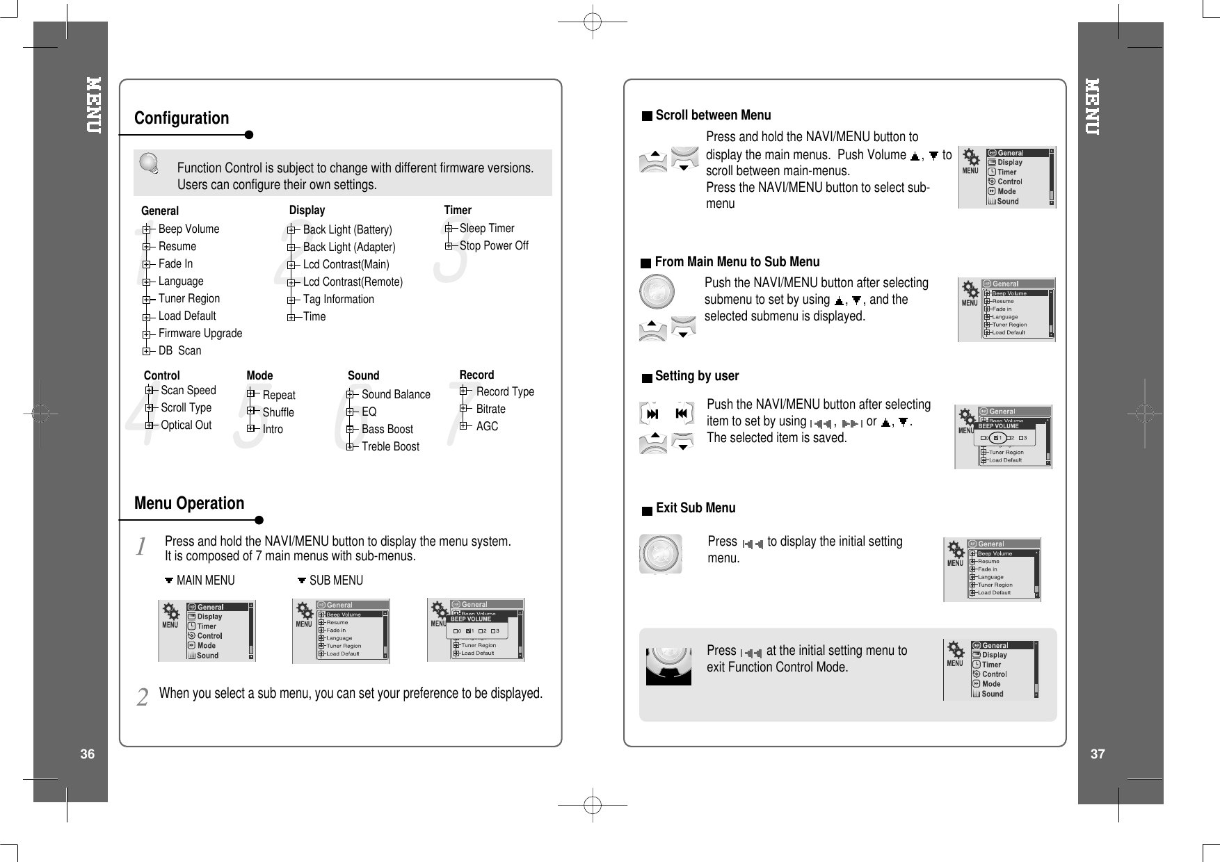 Function Control is subject to change with different firmware versions.Users can configure their own settings.MAIN MENU SUB MENUPress and hold the NAVI/MENU button to display the menu system.It is composed of 7 main menus with sub-menus.Beep VolumeResumeFade InLanguageTuner RegionLoad DefaultFirmware UpgradeDB ScanWhen you select a sub menu, you can set your preference to be displayed.Back Light (Battery)Back Light (Adapter)Lcd Contrast(Main)Lcd Contrast(Remote)Tag InformationTimeSleep TimerStop Power OffScan SpeedScroll TypeOptical OutRepeatShuffleIntroSound BalanceEQBass BoostTreble BoostGeneralControl Mode SoundTimerDisplayRecord TypeBitrateAGCRecordConfigurationMenu OperationScroll between MenuPress and hold the NAVI/MENU button todisplay the main menus. Push Volume ,toscroll between main-menus.Press the NAVI/MENU button to select sub-menuFrom Main Menu to Sub MenuPush the NAVI/MENU button after selectingsubmenu to set by using , , and theselected submenu is displayed.Setting by userPush the NAVI/MENU button after selectingitem to set by using ,or , .The selected item is saved.Exit Sub MenuPress to display the initial settingmenu.Press at the initial setting menu toexit Function Control Mode.36 37