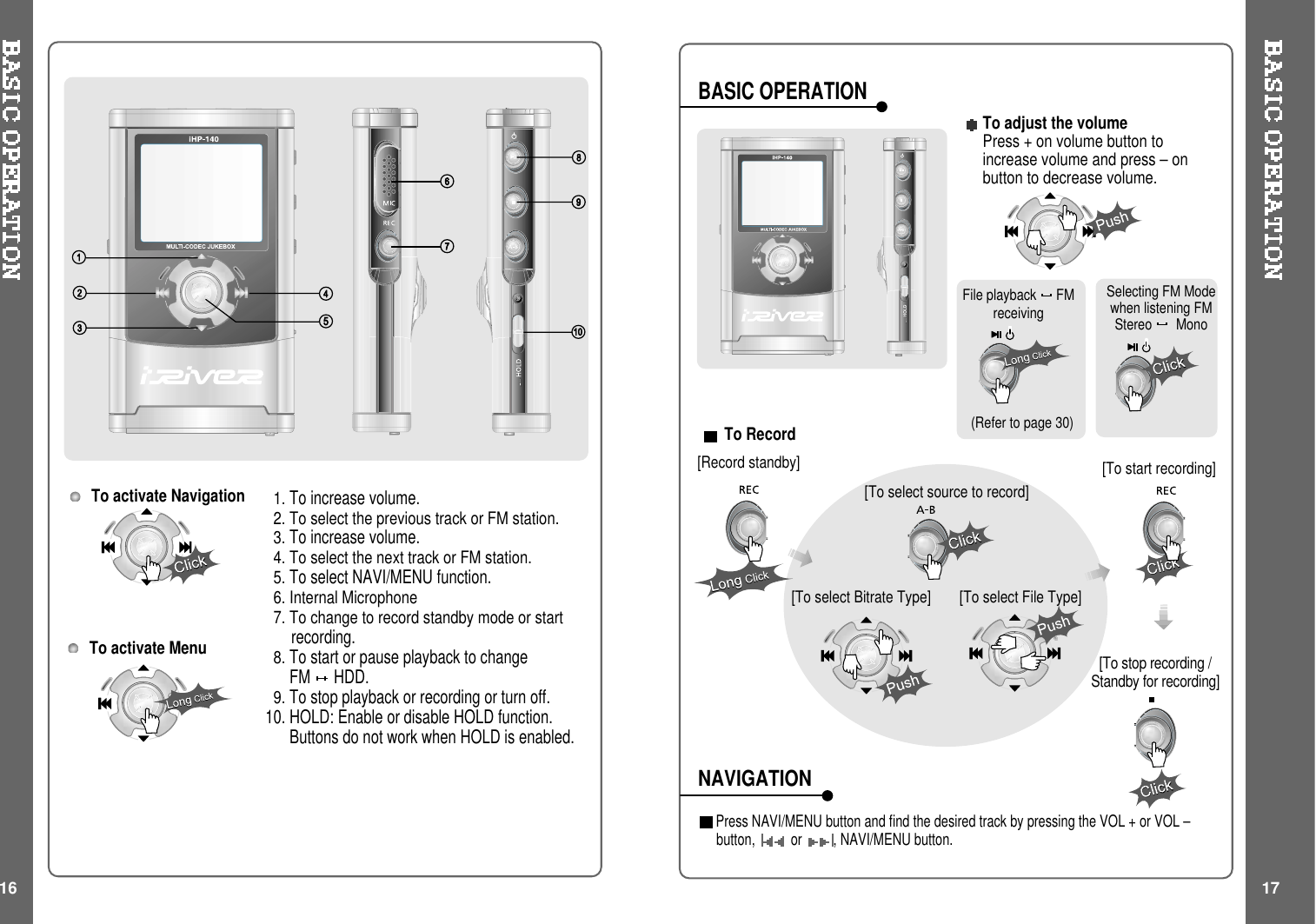 BASIC OPERATIONNAVIGATIONTo RecordTo activate Navigation 1.To increase volume.2. To select the previous track or FM station.3.To increase volume.4. To select the next track or FM station.5.To select NAVI/MENU function.6. Internal Microphone7. To change to record standby mode or startrecording.8.To start or pause playback to changeFM HDD.9.To stop playback or recording or turn off.10. HOLD: Enable or disable HOLD function.Buttons do not work when HOLD is enabled.To activate MenuTo adjust the volumePress + on volume button toincrease volume and press – onbutton to decrease volume.(Refer to page 30)Press NAVI/MENU button and find the desired track by pressing the VOL + or VOL –button, or , NAVI/MENU button.Selecting FM Modewhen listening FMStereo Mono[Record standby]File playback FMreceiving[To select source to record][To start recording][To stop recording /Standby for recording][To select Bitrate Type] [To select File Type]16 17