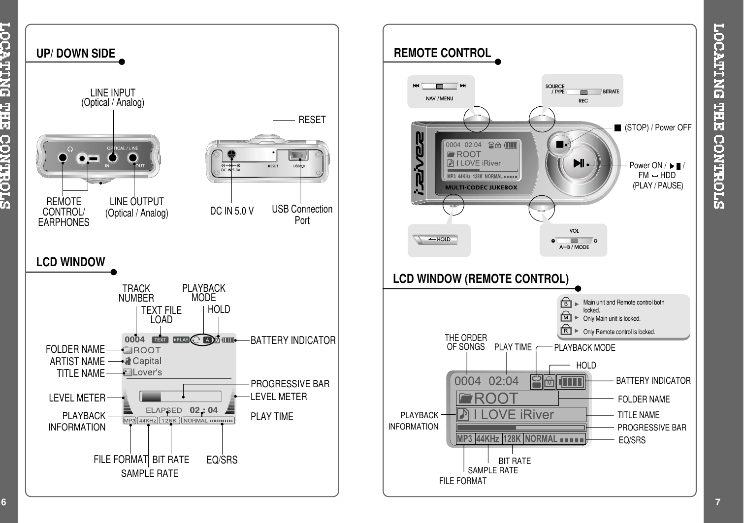 REMOTECONTROL/EARPHONESLINE OUTPUT(Optical / Analog) DC IN 5.0 V USB ConnectionPortLINE INPUT(Optical / Analog)UP/ DOWN SIDELCD WINDOWREMOTE CONTROLRESETEQ/SRSTRACKNUMBERBIT RATEPLAYBACKINFORMATIONPLAYBACKMODEBATTERY INDICATORLEVEL METERFOLDER NAMESAMPLE RATEFILE FORMATARTIST NAMEHOLDPLAY TIMETITLE NAMEPROGRESSIVE BARLEVEL METER(STOP) / Power OFFPower ON / /FM HDD(PLAY / PAUSE)6 7Main unit and Remote control bothlocked.Only Main unit is locked.Only Remote control is locked.LCD WINDOW (REMOTE CONTROL)EQ/SRSTHE ORDEROF SONGSBIT RATEPLAYBACKINFORMATIONPLAYBACK MODEBATTERY INDICATORFOLDER NAMESAMPLE RATEFILE FORMATHOLDPLAY TIMETITLE NAMEPROGRESSIVE BARTEXT FILELOAD