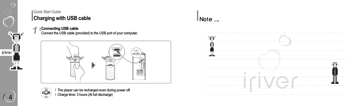 Quick Start GuideCharging with USB cableConnecting USB cableConnect the USB cable (provided) to the USB port of your computer.1lThe player can be recharged even during power off.lCharge time: 3 hours (At full discharge)