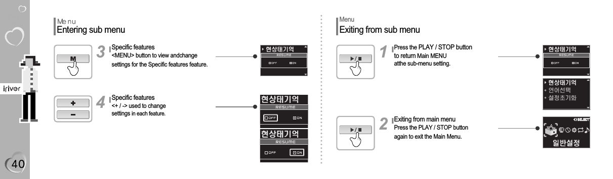 MenuExiting from sub menuPress the PLAY / STOP button to return Main MENU atthe sub-menu setting.1Exiting from main menuPress the PLAY / STOP buttonagain to exit the Main Menu.2Entering sub menuSpecific features&lt;MENU&gt; button to view andchange settings for the Specific features feature.3Specific features&lt;+ / -&gt; used to change settings in each feature.4