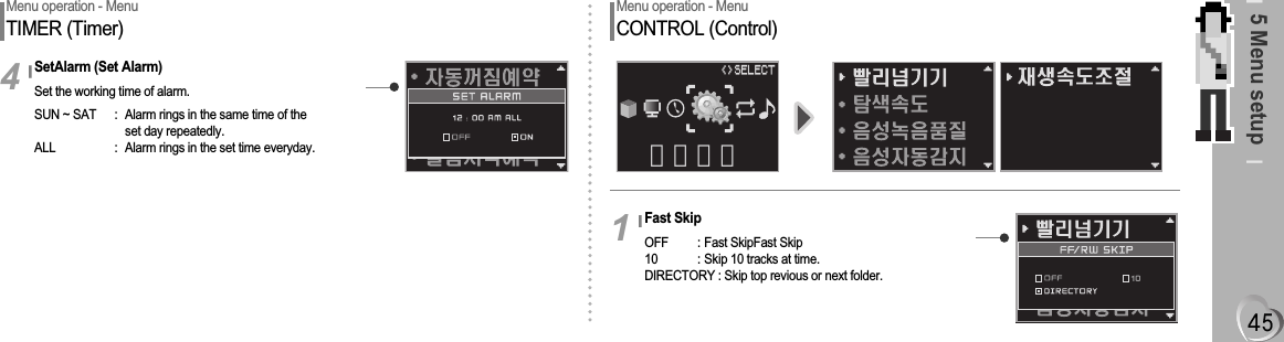 5 Menu setupMenu operation - MenuTIMER (Timer)SetAlarm (Set Alarm)Set the working time of alarm.SUN ~ SAT : Alarm rings in the same time of theset day repeatedly.ALL : Alarm rings in the set time everyday.4Menu operation - MenuCONTROL (Control)Fast SkipOFF : Fast SkipFast Skip10 : Skip 10 tracks at time.DIRECTORY : Skip top revious or next folder.1기능설정&lt;&gt;&lt;&gt;SELECTSELECT