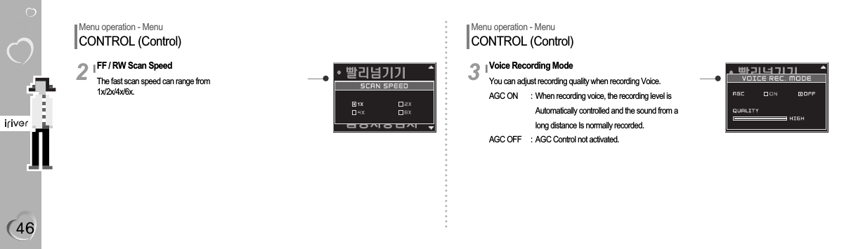 Menu operation - MenuCONTROL (Control)FF / RW Scan SpeedThe fast scan speed can range from 1x/2x/4x/6x.2Menu operation - MenuCONTROL (Control)Voice Recording ModeYou can adjust recording quality when recording Voice.AGC ON : When recording voice, the recording level isAutomatically controlled and the sound from a long distance Is normally recorded.AGC OFF : AGC Control not activated.3