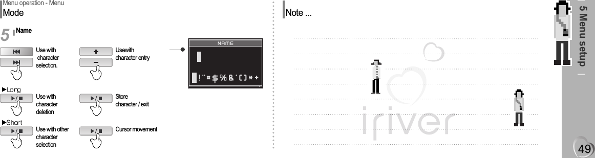 5 Menu setupMenu operation - MenuModeNameUse withcharacterselection.5Usewithcharacter entryUse withcharacterdeletionStorecharacter / exitUse with othercharacterselectionCursor movementNote ...