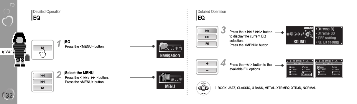 EQPress the &lt;MENU&gt; button.1Select the MENUPress the &lt;       /       &gt; button.Press the &lt;MENU&gt; button.2Detailed OperationEQDetailed OperationEQPress the &lt;       /       &gt; buttonto display the current EQselection.Press the &lt;MENU&gt; button.3Press the &lt;+/-&gt; button to theavailable EQ options.4lROCK, JAZZ, CLASSIC, U BASS, METAL, XTRMEQ, XTR3D, NORMAL