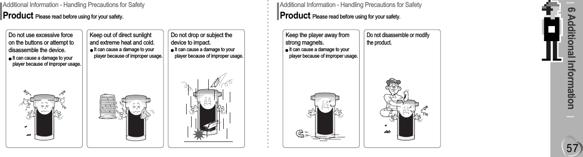 6 Additional InformationAdditional Information - Handling Precautions for SafetyProduct Please read before using for your safety.Additional Information - Handling Precautions for SafetyProduct Please read before using for your safety.Do not use excessive forceon the buttons or attempt todisassemble the device.Do not drop or subject thedevice to impact.Keep out of direct sunlightand extreme heat and cold.Keep the player away fromstrong magnets.Do not disassemble or modifythe product.It can cause a damage to yourplayer because of improper usage.It can cause a damage to yourplayer because of improper usage.It can cause a damage to yourplayer because of improper usage.It can cause a damage to yourplayer because of improper usage.