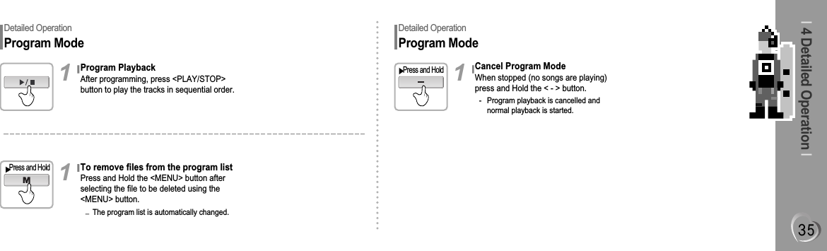 I4 Detailed Operation IDetailed OperationProgram ModeProgram PlaybackAfter programming, press &lt;PLAY/STOP&gt;button to play the tracks in sequential order.1Detailed OperationProgram ModeCancel Program ModeWhen stopped (no songs are playing)press and Hold the &lt; - &gt; button.- Program playback is cancelled andnormal playback is started.1To remove files from the program listPress and Hold the &lt;MENU&gt; button afterselecting the file to be deleted using the&lt;MENU&gt; button.The program list is automatically changed.1Press and HoldPress and Hold