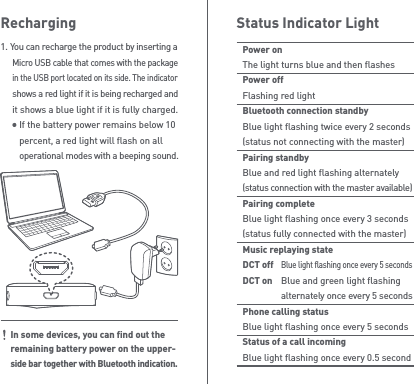 Status Indicator LightPower onThe light turns blue and then flashesPower offFlashing red lightBluetooth connection standbyBlue light flashing twice every 2 seconds(status not connecting with the master)Pairing standbyBlue and red light flashing alternately(status connection with the master available)Pairing completeBlue light flashing once every 3 seconds(status fully connected with the master)Music replaying stateDCT off Blue light flashing once every 5 secondsDCT on  Blue and green light flashing  alternately once every 5 secondsPhone calling statusBlue light flashing once every 5 secondsStatus of a call incomingBlue light flashing once every 0.5 second1. You can recharge the product by inserting a  Micro USB cable that comes with the package  in the USB port located on its side. The indicator   shows a red light if it is being recharged and   it shows a blue light if it is fully charged.      If the battery power remains below 10      percent, a red light will flash on all      operational modes with a beeping sound.RechargingIn some devices, you can find out the remaining battery power on the upper-side bar together with Bluetooth indication.