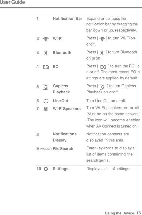 User Guide Press [  ] to turn Wi-Fi on  or off. Press [  ] to turn Bluetooth  on or off. Press [  ] to turn the EQ   on or off. The most recent EQ  settings are applied by default. Press [  ] to turn Gapless  Playback on or off. Turn Line Out on or off. Turn Wi-Fi speakers  on or off.  (Must be on the same network.)  (The icon will become enabled  when AK Connect is turned on.) Notification contents are  displayed in this area. Enter keywords to display a  list of items containing the  search terms. Displays a list of settings. Notification Bar    Expand or collapse the notification bar by dragging the  bar down or up, respectively. Wi-Fi Bluetooth EQ Gapless  Playback Line Out Wi-Fi Speakers Notifications  Display File Search Settings 1 2 3 4 5 6 7 8 9 10 Using the Device  16 