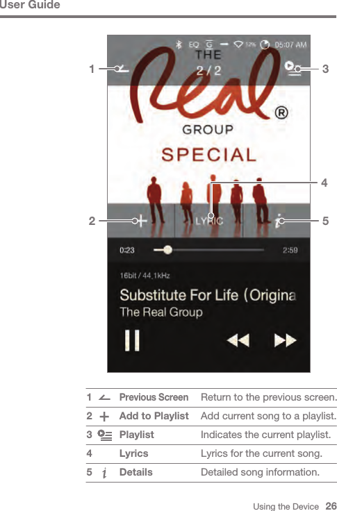 Using the Device   262153User GuideReturn to the previous screen.Add current song to a playlist.Indicates the current playlist.Lyrics for the current song.Detailed song information.Previous ScreenAdd to PlaylistPlaylistLyricsDetails123454