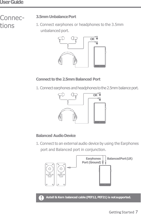 User Guide Connec-  tions 3.5mm Unbalance Port 1. Connect earphones or headphones to the 3.5mm  unbalanced port. OR Connect to the 2.5mm Balanced Port  1. Connect earphones and headphones to the 2.5mm balance port. OR Balanced Audio Device 1. Connect to an external audio device by using the Earphones  port and Balanced port in conjunction.  Earphones  Balanced Port (LR)  Port (Ground) Astell &amp; Kern balanced cable (PEF12, PEF21) is not supported. Getting Started 7 