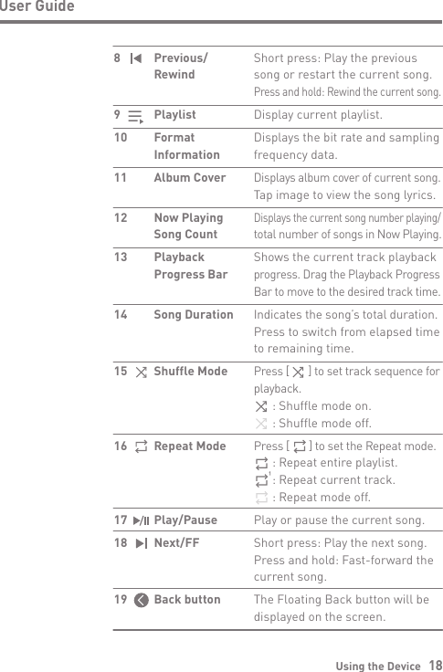 Using the Device   18User GuideShort press: Play the previous song or restart the current song.Press and hold: Rewind the current song.Display current playlist.Displays the bit rate and sampling frequency data.Displays album cover of current song. Tap image to view the song lyrics. Displays the current song number playing/total number of songs in Now Playing.Shows the current track playback progress. Drag the Playback Progress Bar to move to the desired track time.Indicates the song’s total duration. Press to switch from elapsed time to remaining time.Press [       ] to set track sequence for playback.      : Shuffle mode on.      : Shuffle mode off.Press [       ] to set the Repeat mode.      : Repeat entire playlist.      : Repeat current track.      : Repeat mode off.Play or pause the current song.Short press: Play the next song. Press and hold: Fast-forward the current song.The Floating Back button will be displayed on the screen.Previous/ RewindPlaylistFormat InformationAlbum CoverNow PlayingSong CountPlayback Progress BarSong DurationShuffle ModeRepeat ModePlay/PauseNext/FFBack button8 9 10 11 12 13 14 1516 17 18 19