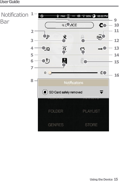 User Guide 9 10 11 12 13 14 15 16 8 3 4 5 6 7 Notification  1 Bar 2     Using the Device  15 