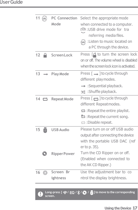 Long-press [       /  /    /  /     ] to move to the corresponding  screen. User Guide Mode Screen Lock Play Mode Repeat Mode USB Audio Ripper Power Screen  Brightness 11 12 13 14 15 16 PC Connection   Select the appropriate mode Press  [  ]  to  turn  the  screen lock  on or off. The volume wheel is disabled  when the screen lock icon is activated. Press [  ] to cycle through  different play modes. :Sequential playback. :Shuffle playback. Press [  ] to cycle through  different Repeat modes. :Repeat the entire playlist. :Repeat the current song. :Disable repeat. Please turn on or off USB audio  output after connecting the device  with the portable USB DAC  (refer to p. 35). Turn the CD Ripper on or off.  (Enabled  when connected to  the AK CD Ripper.) Use the adjustment bar to  control the display brightness. when connected to a computer. DISK :USB drive mode for  transferring media files. :Listen to music located on  a PC through the device. Using the Device  17 