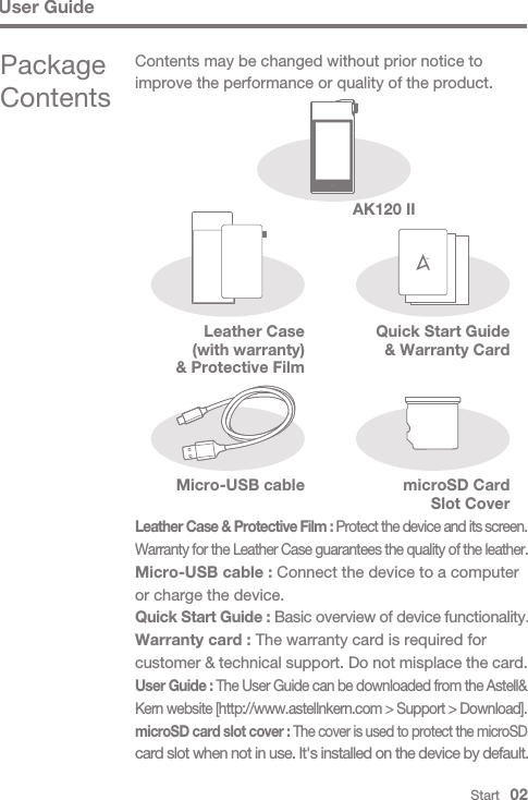 User GuideAK120 IImicroSD Card Slot CoverMicro-USB cableLeather Case &amp; Protective Film : Protect the device and its screen. Warranty for the Leather Case guarantees the quality of the leather. Micro-USB cable : Connect the device to a computer or charge the device.Quick Start Guide : Basic overview of device functionality. Warranty card : The warranty card is required for customer &amp; technical support. Do not misplace the card.User Guide : The User Guide can be downloaded from the Astell&amp;Kern website [http://www.astellnkern.com &gt; Support &gt; Download]. microSD card slot cover : The cover is used to protect the microSD card slot when not in use. It&apos;s installed on the device by default.Contents may be changed without prior notice to improve the performance or quality of the product.Package ContentsLeather Case (with warranty)&amp; Protective FilmStart   02Quick Start Guide&amp; Warranty Card