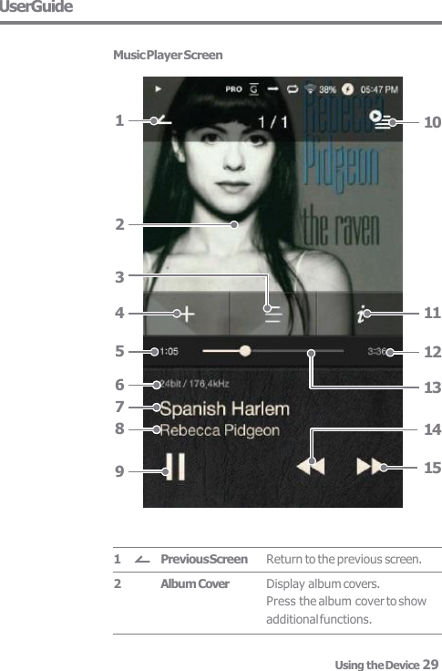 1 12 11 10 5 4 2   3 6 7 8 9 13 14 15 UserGuide  Music Player Screen Return to the previous screen. Display album covers. Press the album cover to show additional functions. PreviousScreen Album Cover 1 2 Using the Device 29 