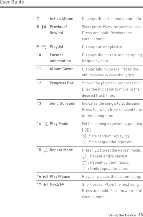 Using the Device   18User GuideDisplays the artist and album info.Short press: Plays the previous song.Press and hold: Rewinds the current song.Display current playlist.Displays the bit rate and sampling frequency data.Display album covers. Press the album cover to view the lyrics. Shows the playback progress bar. Drag the indicator to move to the desired track time.Indicates the song’s total duration. Press to switch from elapsed time to remaining time.Set the playing sequence by pressing [       ].      :Sets random replaying.      :Sets sequential replaying.Press [       ] to set the Repeat mode.      : Repeat entire playlist.      : Repeat current music.      : Undo repeat function.Plays or pauses the current song.Short press: Plays the next song. Press and hold: Fast-forwards the current song.Artist/AlbumPrevious/ RewindPlaylistFormat informationAlbum CoverProgress BarSong DurationPlay ModeRepeat ModePlay/PauseNext/FF7 8 9 10 11 12 13 1415 16 17