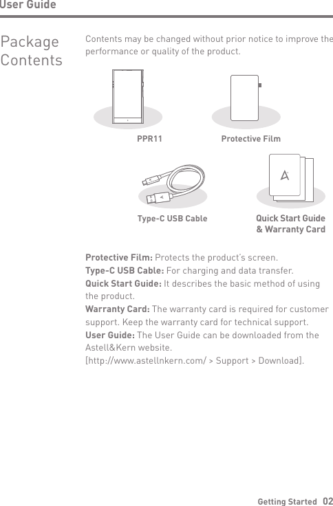 User GuideProtective Film: Protects the product’s screen.Type-C USB Cable: For charging and data transfer.Quick Start Guide: It describes the basic method of using the product.Warranty Card: The warranty card is required for customer support. Keep the warranty card for technical support. User Guide: The User Guide can be downloaded from the Astell&amp;Kern website.[http://www.astellnkern.com/ &gt; Support &gt; Download]. Contents may be changed without prior notice to improve the performance or quality of the product.Package ContentsGetting Started   02Quick Start Guide&amp; Warranty CardType-C USB CableProtective FilmPPR11