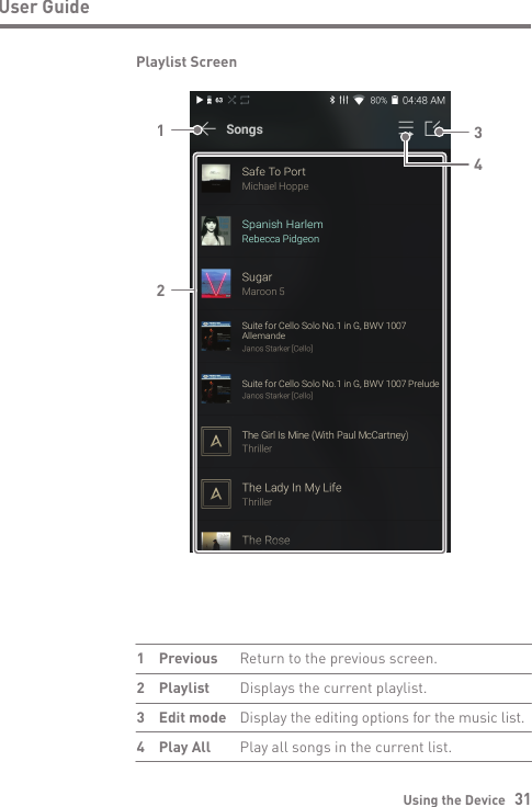 Using the Device   31User GuidePlaylist Screen1324Return to the previous screen.Displays the current playlist. Display the editing options for the music list.Play all songs in the current list.PreviousPlaylistEdit modePlay All1  234