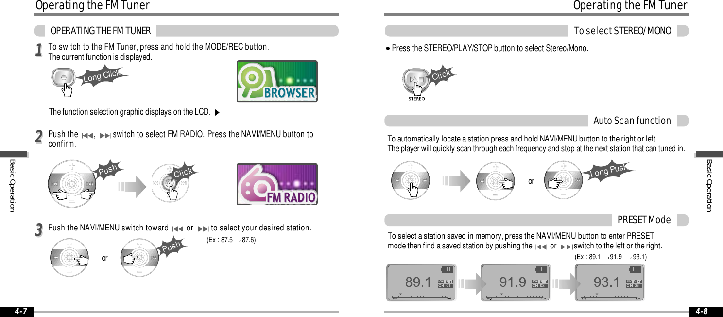 4-7 4-8112233Long ClickPushClickPushor(Ex : 87.5  87.6)ClickLong Pushor(Ex : 89.1  91.9   93.1)Operating the FM TunerOPERATING THE FM TUNERTo switch to the FM Tuner, press and hold the MODE/REC button.The current function is displayed.Push the,switch to select FM RADIO. Press the NAVI/MENU button toconfirm.Push the NAVI/MENU switch toward  or to select your desired station.The function selection graphic displays on the LCD.To automatically locate a station press and hold NAVI/MENU button to the right or left. The player will quickly scan through each frequency and stop at the next station that can tuned in.Operating the FM TunerTo select STEREO/MONOTo select a station saved in memory, press the NAVI/MENU button to enter PRESETmode then find a saved station by pushing the or  switch to the left or the right.Auto Scan functionPRESET ModePress the STEREO/PLAY/STOP button to select Stereo/Mono.Basic OperationBasic Operation