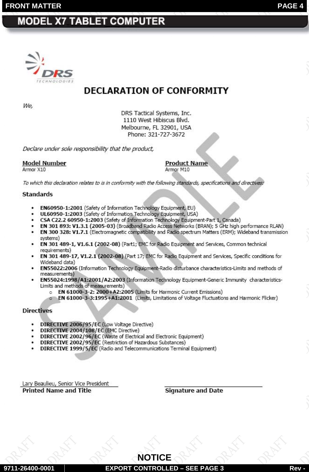 FRONT MATTER   PAGE 4        9711-26400-0001 EXPORT CONTROLLED – SEE PAGE 3 Rev -   NOTICE 