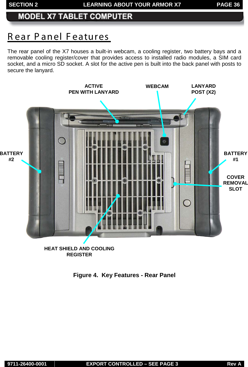 SECTION 2 LEARNING ABOUT YOUR ARMOR X7  PAGE 36        9711-26400-0001 EXPORT CONTROLLED – SEE PAGE 3 Rev A R ear Panel Features The rear panel of the X7 houses a built-in webcam, a cooling register, two battery bays and a removable cooling register/cover that provides access to installed radio modules, a SIM card socket, and a micro SD socket. A slot for the active pen is built into the back panel with posts to secure the lanyard.        Figure 4.  Key Features - Rear Panel   HEAT SHIELD AND COOLING REGISTER BATTERY  #2 BATTERY  #1 WEBCAM ACTIVE PEN WITH LANYARD LANYARD POST (X2) COVER  REMOVAL  SLOT 