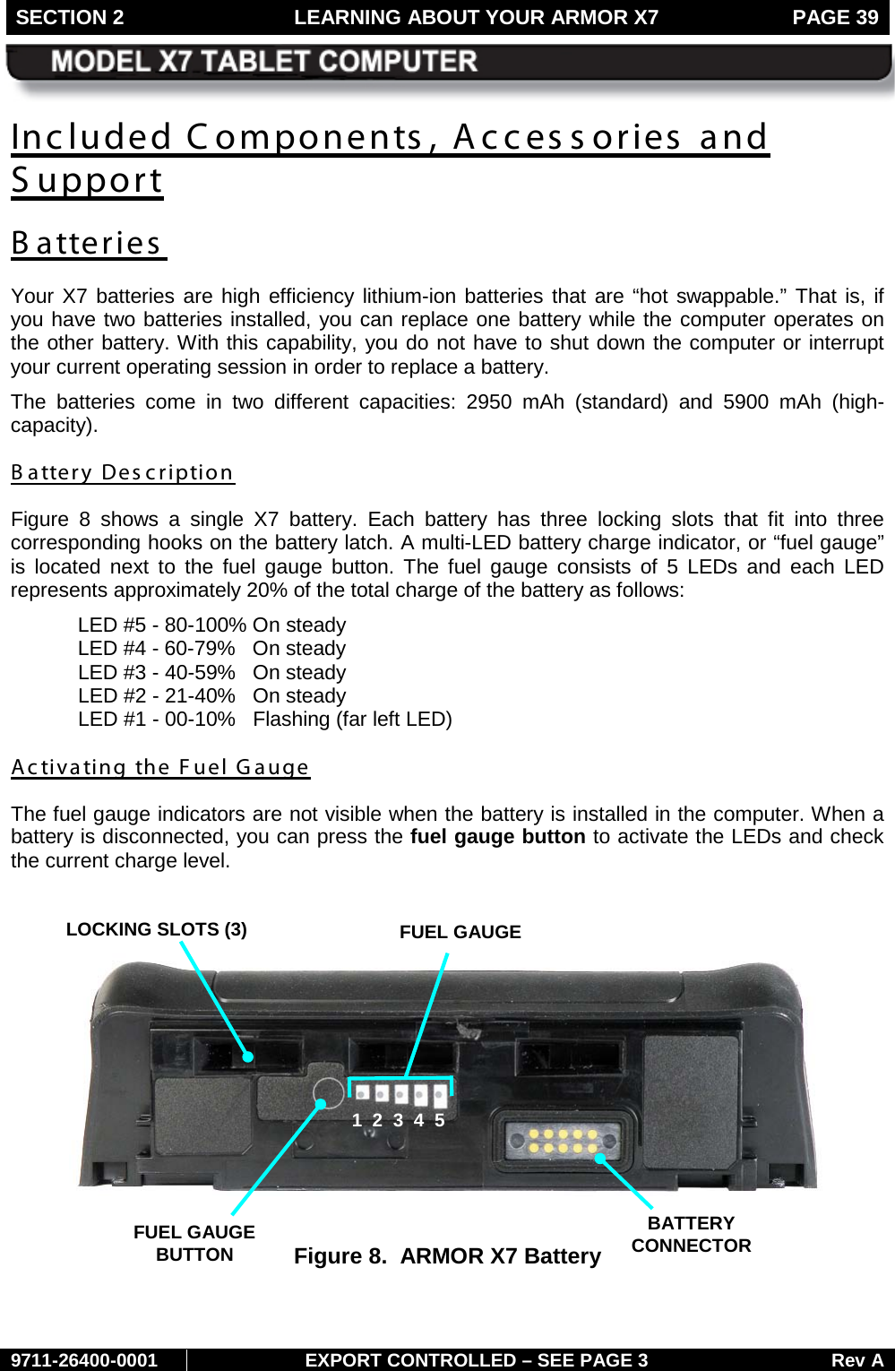 SECTION 2 LEARNING ABOUT YOUR ARMOR X7  PAGE 39        9711-26400-0001 EXPORT CONTROLLED – SEE PAGE 3 Rev A Included Components, Accessories and S upport B atteries Your X7 batteries are high efficiency lithium-ion batteries that are “hot swappable.” That is, if you have two batteries installed, you can replace one battery while the computer operates on the other battery. With this capability, you do not have to shut down the computer or interrupt your current operating session in order to replace a battery.  The batteries come in two different capacities: 2950 mAh (standard) and 5900 mAh (high-capacity).   B attery Des cription Figure  8  shows a single X7 battery. Each battery has three locking slots that fit into three corresponding hooks on the battery latch. A multi-LED battery charge indicator, or “fuel gauge” is located  next to the fuel gauge button.  The fuel gauge consists of 5 LEDs and each LED represents approximately 20% of the total charge of the battery as follows: LED #5 - 80-100% On steady LED #4 - 60-79%   On steady LED #3 - 40-59%   On steady LED #2 - 21-40%   On steady LED #1 - 00-10%   Flashing (far left LED) Ac tivating the Fuel Gauge The fuel gauge indicators are not visible when the battery is installed in the computer. When a battery is disconnected, you can press the fuel gauge button to activate the LEDs and check the current charge level.     Figure 8.  ARMOR X7 Battery   FUEL GAUGE  BUTTON FUEL GAUGE  BATTERY CONNECTOR 1  2  3  4  5 LOCKING SLOTS (3)  