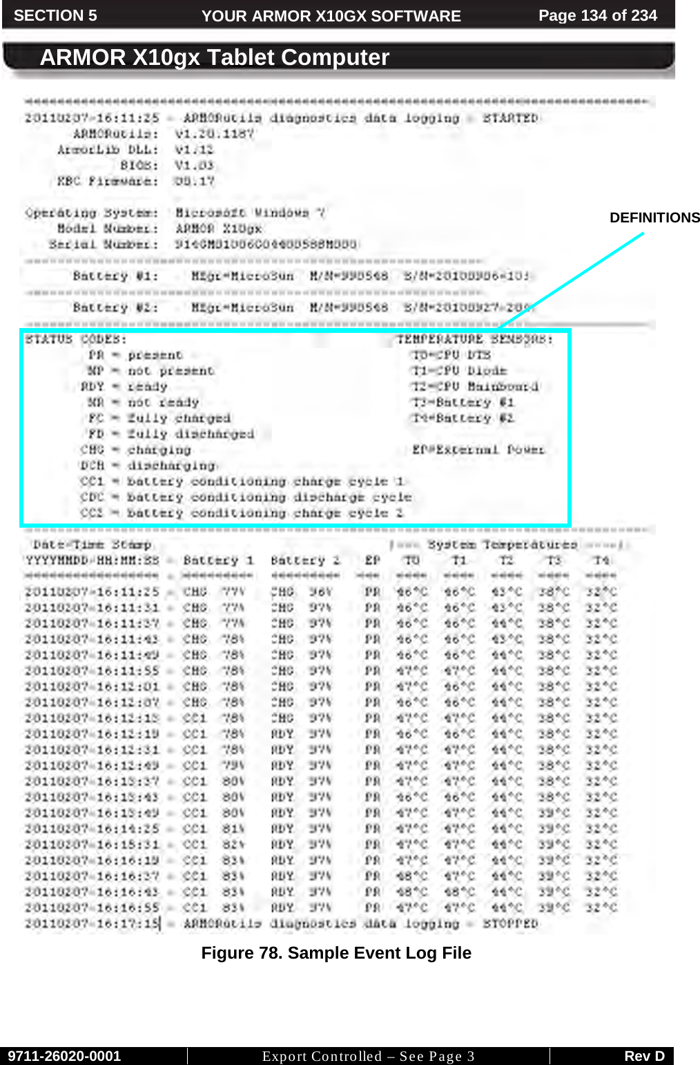     9711-26020-0001 Export Controlled – See Page 3 Rev D SECTION 5 YOUR ARMOR X10GX SOFTWARE Page 134 of 234  ARMOR X10gx Tablet Computer  Figure 78. Sample Event Log File   DEFINITIONS 