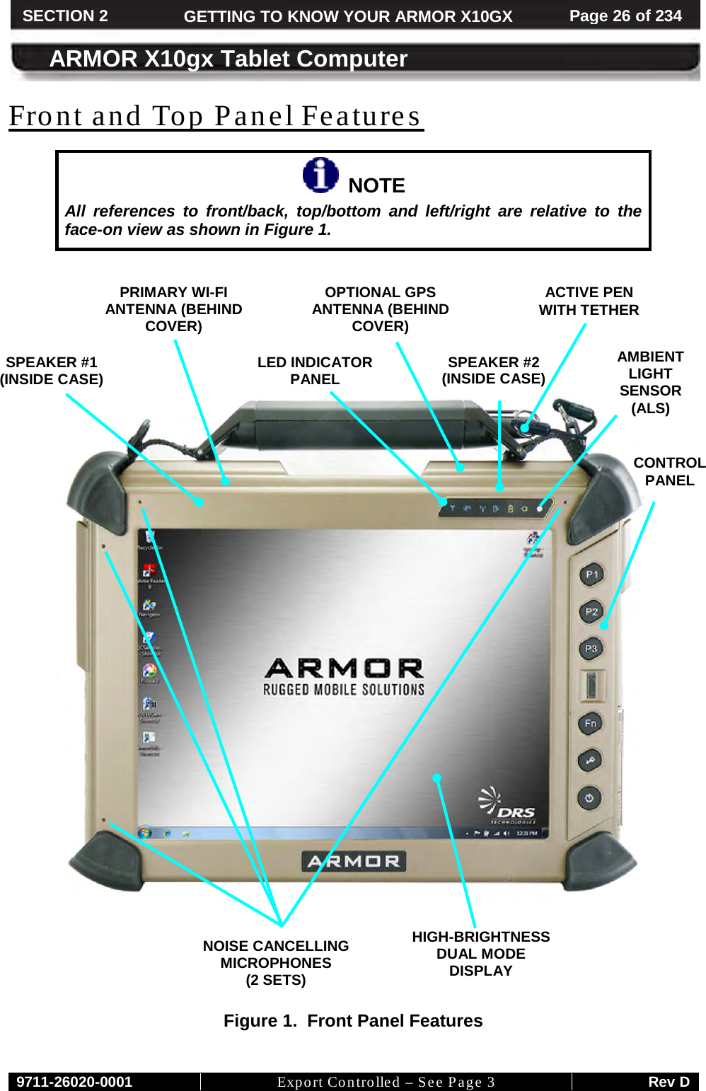     9711-26020-0001 Export Controlled – See Page 3 Rev D SECTION 2 GETTING TO KNOW YOUR ARMOR X10GX Page 26 of 234  ARMOR X10gx Tablet Computer   NOTE Front and Top Panel Features All references to front/back, top/bottom and left/right are relative to the face-on view as shown in Figure 1.               Figure 1.  Front Panel Features   CONTROL PANEL HIGH-BRIGHTNESS DUAL MODE DISPLAY OPTIONAL GPS ANTENNA (BEHIND COVER) LED INDICATOR PANEL ACTIVE PEN WITH TETHER NOISE CANCELLING MICROPHONES (2 SETS) AMBIENT LIGHT SENSOR (ALS)  SPEAKER #1 (INSIDE CASE) SPEAKER #2 (INSIDE CASE) PRIMARY WI-FI ANTENNA (BEHIND COVER) 