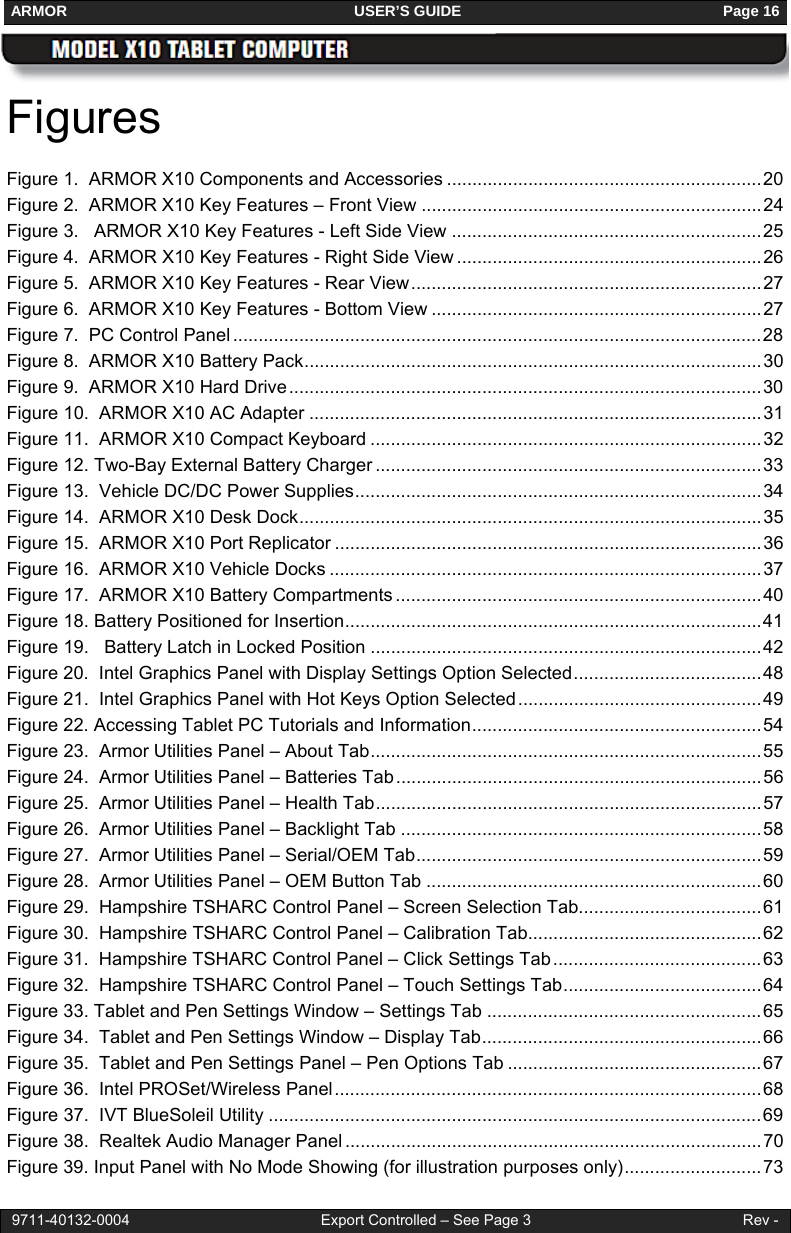 ARMOR                                                                     USER’S GUIDE                                                               Page 16  9711-40132-0004                                              Export Controlled – See Page 3                                                   Rev - Figures Figure 1.  ARMOR X10 Components and Accessories .............................................................. 20 Figure 2.  ARMOR X10 Key Features – Front View ................................................................... 24 Figure 3.   ARMOR X10 Key Features - Left Side View ............................................................. 25 Figure 4.  ARMOR X10 Key Features - Right Side View ............................................................ 26 Figure 5.  ARMOR X10 Key Features - Rear View ..................................................................... 27 Figure 6.  ARMOR X10 Key Features - Bottom View ................................................................. 27 Figure 7.  PC Control Panel ........................................................................................................ 28 Figure 8.  ARMOR X10 Battery Pack .......................................................................................... 30 Figure 9.  ARMOR X10 Hard Drive ............................................................................................. 30 Figure 10.  ARMOR X10 AC Adapter ......................................................................................... 31 Figure 11.  ARMOR X10 Compact Keyboard ............................................................................. 32 Figure 12. Two-Bay External Battery Charger ............................................................................ 33 Figure 13.  Vehicle DC/DC Power Supplies ................................................................................ 34 Figure 14.  ARMOR X10 Desk Dock ........................................................................................... 35 Figure 15.  ARMOR X10 Port Replicator .................................................................................... 36 Figure 16.  ARMOR X10 Vehicle Docks ..................................................................................... 37 Figure 17.  ARMOR X10 Battery Compartments ........................................................................ 40 Figure 18. Battery Positioned for Insertion .................................................................................. 41 Figure 19.   Battery Latch in Locked Position ............................................................................. 42 Figure 20.  Intel Graphics Panel with Display Settings Option Selected ..................................... 48 Figure 21.  Intel Graphics Panel with Hot Keys Option Selected ................................................ 49 Figure 22. Accessing Tablet PC Tutorials and Information ......................................................... 54 Figure 23.  Armor Utilities Panel – About Tab ............................................................................. 55 Figure 24.  Armor Utilities Panel – Batteries Tab ........................................................................ 56 Figure 25.  Armor Utilities Panel – Health Tab ............................................................................ 57 Figure 26.  Armor Utilities Panel – Backlight Tab ....................................................................... 58 Figure 27.  Armor Utilities Panel – Serial/OEM Tab .................................................................... 59 Figure 28.  Armor Utilities Panel – OEM Button Tab .................................................................. 60 Figure 29.  Hampshire TSHARC Control Panel – Screen Selection Tab.................................... 61 Figure 30.  Hampshire TSHARC Control Panel – Calibration Tab.............................................. 62 Figure 31.  Hampshire TSHARC Control Panel – Click Settings Tab ......................................... 63 Figure 32.  Hampshire TSHARC Control Panel – Touch Settings Tab ....................................... 64 Figure 33. Tablet and Pen Settings Window – Settings Tab ...................................................... 65 Figure 34.  Tablet and Pen Settings Window – Display Tab ....................................................... 66 Figure 35.  Tablet and Pen Settings Panel – Pen Options Tab .................................................. 67 Figure 36.  Intel PROSet/Wireless Panel .................................................................................... 68 Figure 37.  IVT BlueSoleil Utility ................................................................................................. 69 Figure 38.  Realtek Audio Manager Panel .................................................................................. 70 Figure 39. Input Panel with No Mode Showing (for illustration purposes only) ........................... 73 