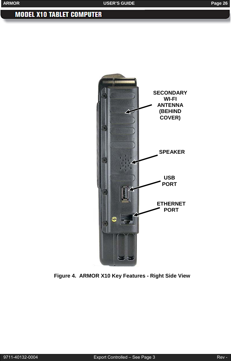 ARMOR                                                                     USER’S GUIDE                                                               Page 26  9711-40132-0004                                              Export Controlled – See Page 3                                                   Rev -                  Figure 4.  ARMOR X10 Key Features - Right Side View USB PORT ETHERNETPORT SPEAKER SECONDARY WI-FI ANTENNA (BEHIND COVER) 