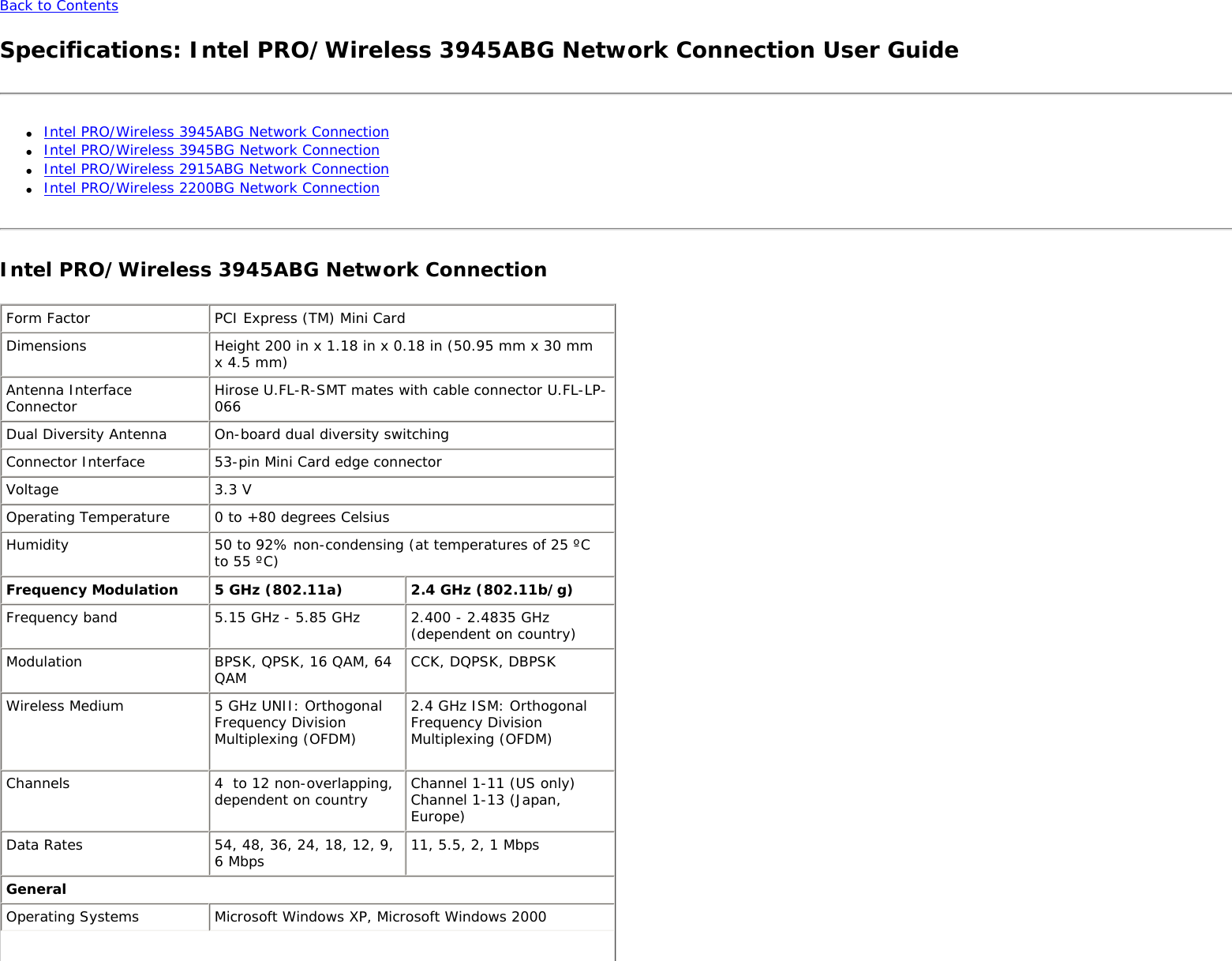 Back to Contents Specifications: Intel PRO/Wireless 3945ABG Network Connection User Guide●     Intel PRO/Wireless 3945ABG Network Connection●     Intel PRO/Wireless 3945BG Network Connection●     Intel PRO/Wireless 2915ABG Network Connection●     Intel PRO/Wireless 2200BG Network ConnectionIntel PRO/Wireless 3945ABG Network ConnectionForm Factor PCI Express (TM) Mini Card Dimensions Height 200 in x 1.18 in x 0.18 in (50.95 mm x 30 mm x 4.5 mm) Antenna Interface Connector Hirose U.FL-R-SMT mates with cable connector U.FL-LP-066 Dual Diversity Antenna On-board dual diversity switching Connector Interface 53-pin Mini Card edge connector Voltage 3.3 V Operating Temperature 0 to +80 degrees Celsius Humidity 50 to 92% non-condensing (at temperatures of 25 ºC to 55 ºC) Frequency Modulation 5 GHz (802.11a) 2.4 GHz (802.11b/g) Frequency band 5.15 GHz - 5.85 GHz 2.400 - 2.4835 GHz (dependent on country)Modulation BPSK, QPSK, 16 QAM, 64 QAM CCK, DQPSK, DBPSKWireless Medium 5 GHz UNII: Orthogonal Frequency Division Multiplexing (OFDM)  2.4 GHz ISM: Orthogonal Frequency Division Multiplexing (OFDM)Channels 4  to 12 non-overlapping, dependent on country Channel 1-11 (US only) Channel 1-13 (Japan, Europe)Data Rates 54, 48, 36, 24, 18, 12, 9, 6 Mbps 11, 5.5, 2, 1 MbpsGeneralOperating Systems Microsoft Windows XP, Microsoft Windows 2000