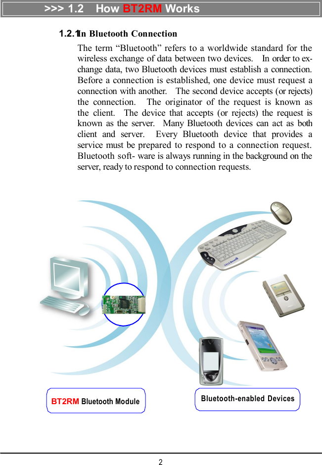 &gt;&gt;&gt; 1.2  How BT2RM Works 2  BT2RM Bluetooth Module Bluetooth-enabled Devices 1.2.1 In Bluetooth Connection The term “Bluetooth” refers to a worldwide standard for the wireless exchange of data between two devices.  In order to ex-change data, two Bluetooth devices must establish a connection. Before a connection is established, one device must request a connection with another.  The second device accepts (or rejects) the connection.  The originator of the request is known asthe client.  The device that accepts (or rejects) the request isknown as the server.  Many Bluetooth devices can act as bothclient and server.  Every Bluetooth device that provides a service must be prepared to respond to a connection request.Bluetooth soft- ware is always running in the background on theserver, ready to respond to connection requests. 
