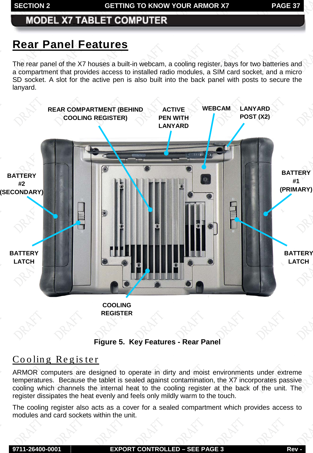 SECTION 2 GETTING TO KNOW YOUR ARMOR X7  PAGE 37        9711-26400-0001 EXPORT CONTROLLED – SEE PAGE 3 Rev - Rear Panel Features The rear panel of the X7 houses a built-in webcam, a cooling register, bays for two batteries and a compartment that provides access to installed radio modules, a SIM card socket, and a micro SD socket. A slot for the active pen is also built into the back panel with posts to secure the lanyard.       Figure 5.  Key Features - Rear Panel Cooling Register ARMOR computers are designed to operate in dirty and moist environments under extreme temperatures.  Because the tablet is sealed against contamination, the X7 incorporates passive cooling which channels the internal heat to the cooling register at the back of the unit. The register dissipates the heat evenly and feels only mildly warm to the touch. The cooling register also acts as a cover for a sealed compartment which provides access to modules and card sockets within the unit.    REAR COMPARTMENT (BEHIND COOLING REGISTER) BATTERY  #2 (SECONDARY) COOLING REGISTER BATTERY  #1 (PRIMARY) WEBCAM ACTIVE PEN WITH LANYARD BATTERY  LATCH BATTERY  LATCH LANYARD POST (X2) 